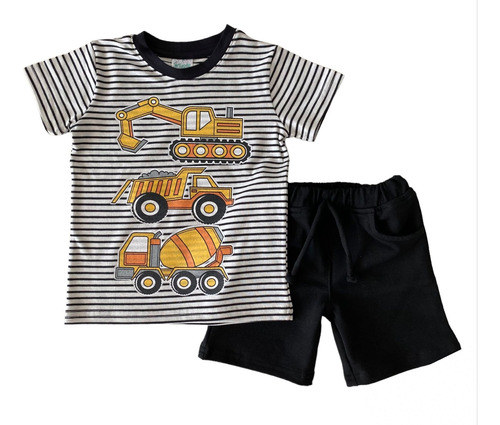 Conjunto Niño Playera Rayada Maquinas D Construcción Y Short