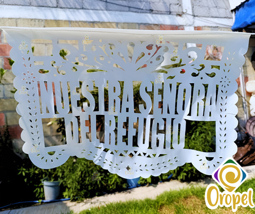 Decoración Plástico Picado Virgen Del Refugio Oropel 50 M. Azul Cielo Y Blanco Tiras Plástico Picado Virgen Del Refugio Oropel