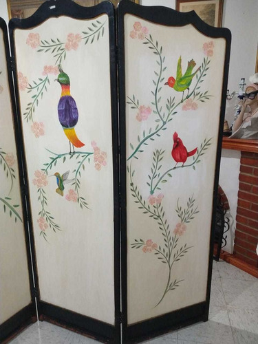 Biombo Antiguo 2 Vistas . Pintado A Mano De Aves