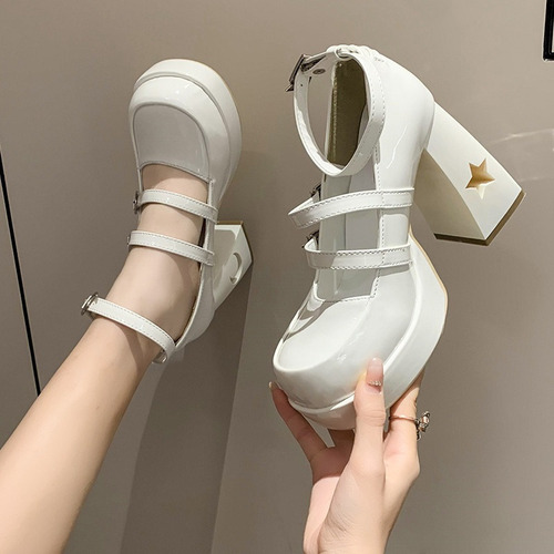 Zapatos De Tacón Alto Con Gruesa Para Mujer, Calzado Charol