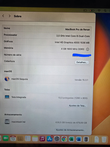 Apple Macbook Pro 13 Ano 2012 A1278 I5 4gb 512ssd Na Caixa Cinza (Usado)