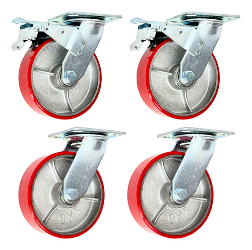 Pack 4 Rueda Hierro/pu Giratoria C/f - S/f 900kg 6 Pulgadas Rojo