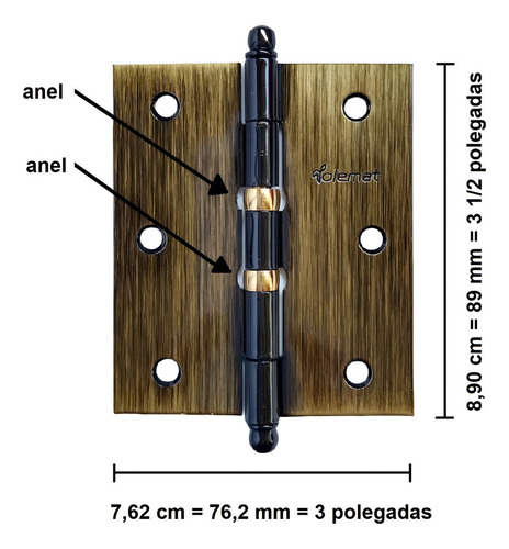 Dobradiça Porta Antique Ouro Velho 3 1/2 X 3 Anel Tolemat 3