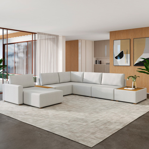 Sofá De Canto Chaise Mesa Lateral Sala 347cm Gales Bouclê Cru