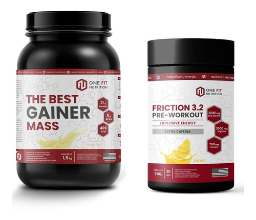 Combo Masa Muscular Gainer Mass Onefit 1.5 Kg Y Pre Entreno