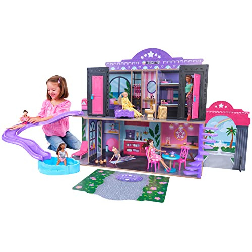 Kidkraft 2-in-1 Wooden Hotel &amp; Waterslide Dollhouse Con