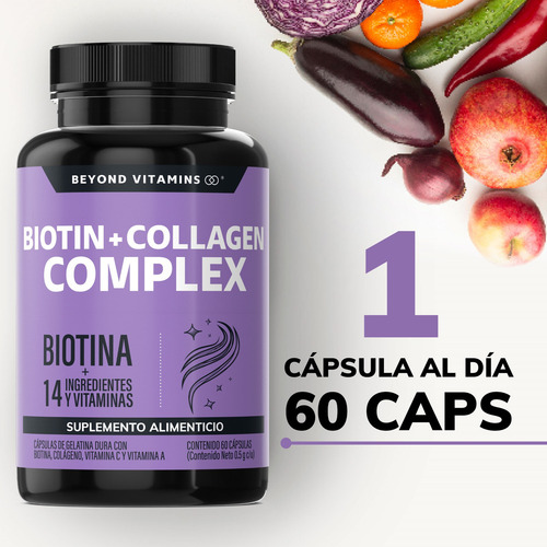 Biotin + Collagen Complex - Contiene Biotina + Colágeno + 15 Ingredientes Y Vitaminas - Colageno Biotina - Multi Collagen Peptides - Vitybell Vitaminas Mujer - Cabello Piel Uñas - 60 Cápsulas Sin Sabor