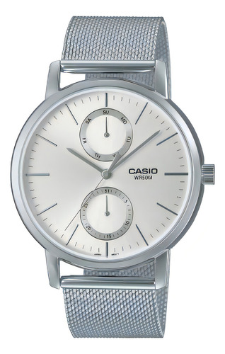 Reloj Casio Mtp-b310m-7a Metal Calendario Sumergible Unixes Malla Plateado Bisel Plateado Fondo Blanco