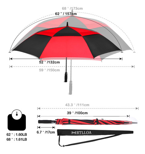 Sombrilla Resistente Al Viento De 62 Pulgadas Rojo Con Negro