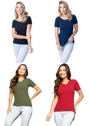 Kit 4 Blusa Sem Gola Canelada Roupa Feminina Casual Atacado