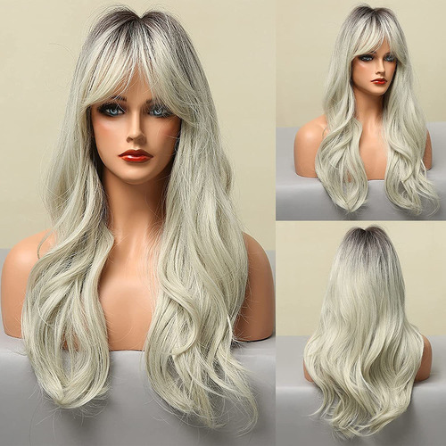 S Largo Ondulado Peluca Rubia Gris Platino Ombre Con