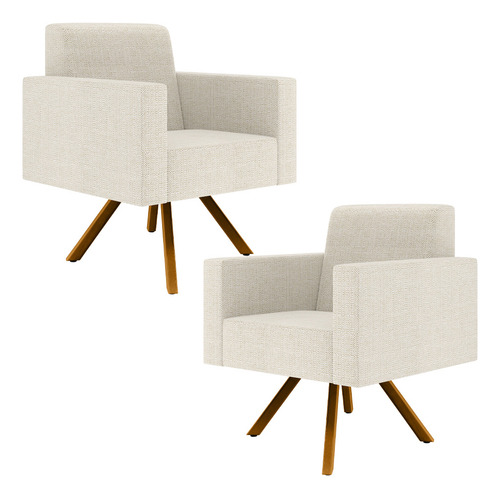 Kit 02 Poltronas Decorativa Giratória Para Sala Base de Madeira Helô L02 Linho Champagne