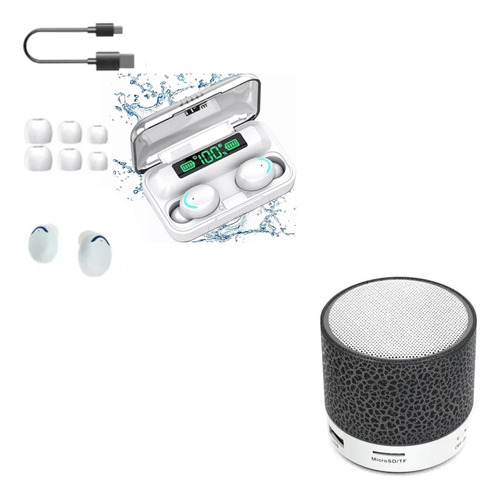 Kit Audífonos Bluetooth F9 Blancos Y Bocinita Portátil Negra