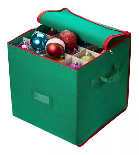 Christmas Ornament Storage - Stores Up to 64 Holiday Ornaments, Adjustable Dividers, Zippered Closure with Two Handles. Attractive Storage Box Keeps