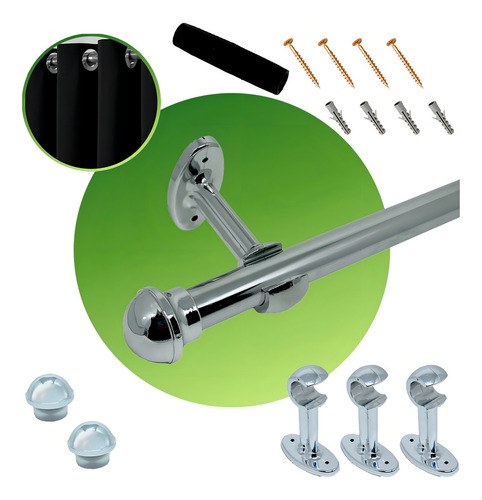 Kit Varão Simples Para Cortina 2,00 Metros 19mm Cromado Cor Prateado
