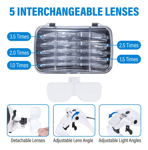 Lupa De Diadema Iluminada Con 5 Lentes Desmontables