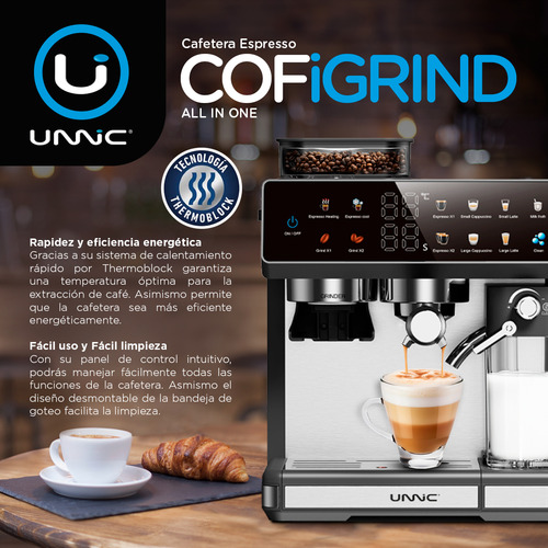 Cafetera Unnic Espresso Con Molinillo Granos Digital Tactil Con Deposito De Leche Acero Inoxidable Para Barista De 20 Bares 1350w Espumador 2.6 L Calienta Tazas Café Caliente Frio Desayuno Color Negro