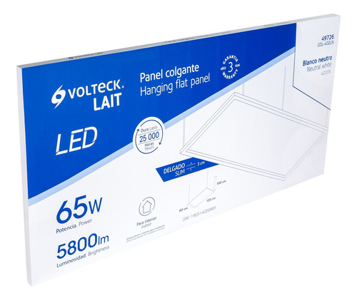 Panel Delgado Colgante, De Led 65w 60x120cm Volteck 49726 Blanco