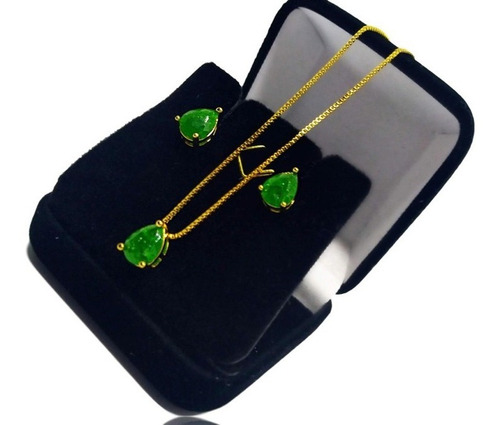 Imagem 3 de 12 de Conjunto Colar E Brinco Banhado A Ouro Esmeralda C/garantia