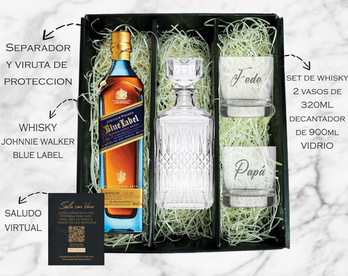 Box Johnnie Walker Blue Label + Decantador +2 Vasos Grabados