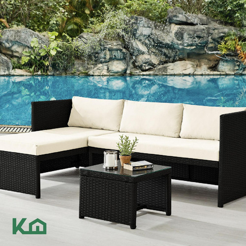 Sillas De Comedor Juego Sala Exterior Esquinera Derecha Beige Con Negro Mueble Ratán Con Mesa De Centro Con Vidrio Templado Resistente Al Agua Los Rayos Uv Para Patio, Terraza, Aire Libre