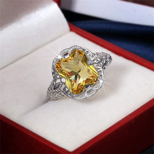 925 Sterling Silver Shining Citrine Ring Square Perfect Cut 