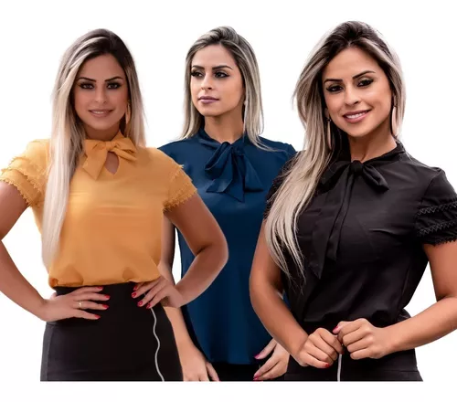 Kit 03 Blusas Feminina Moda Evangélica Detalhe Laço E Renda