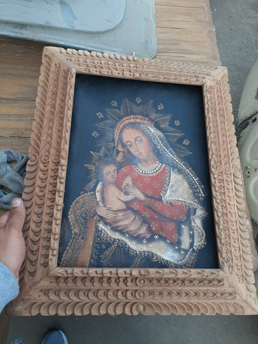 Jt Antiguo Cuadro Tallado De Virgen Pintado Al Oleo Decorati