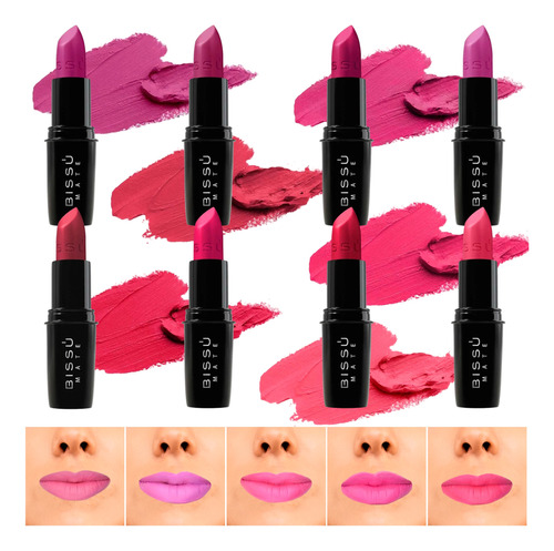 Kit Set 8 Labiales Mate Bissu Tonos Morados Rosas