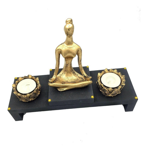 Imagem 3 de 5 de Kit Altar Castiçal Vela Yoga Meditando Zen Dourado20cm 466
