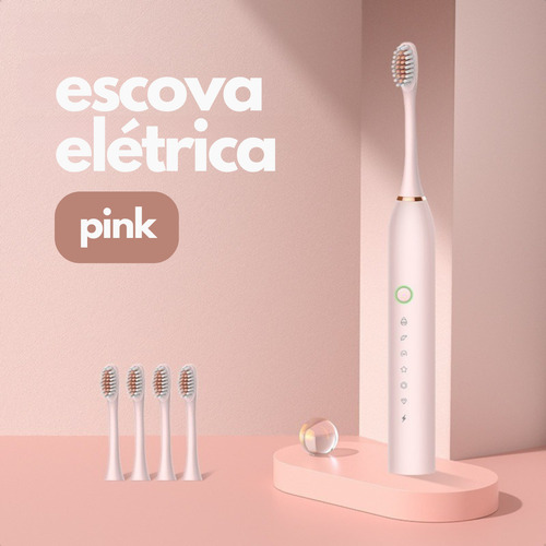 Escova De Dentes Elétrica Recarregável 6 Funções 3 Refil Usb Cor Rosa 127/220V