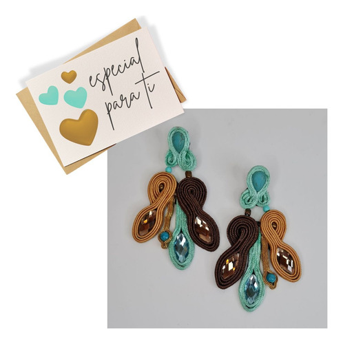 Aretes Maxi Largos Artesanales Café Ocre Menta Soutache Joya