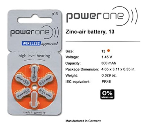 Pila Para Audifonos Power One (13) Paquete X6 Unidades