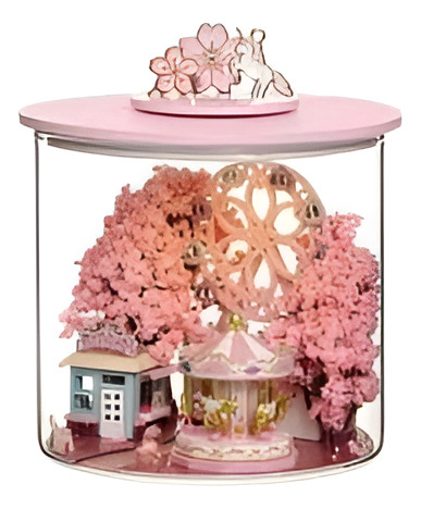 Casita De Madera Armable Luz Led Botella - Paisaje De Sakura
