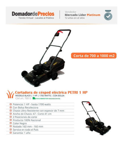 Imagen 5 de 7 de Cortadora De Cesped Petri 1 Hp Con Bolsa Rigida 2 Posiciones