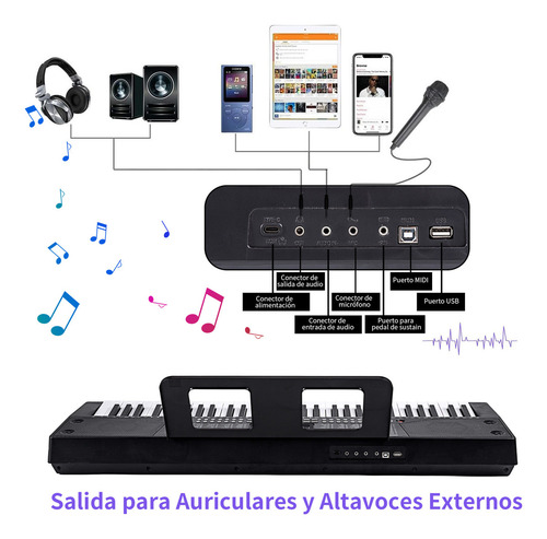 Besser Teclado 61 Teclas Bluetooth Midi Piano Electrónico con Sensibilidad al Tacto 200 Tonos y Ritmos Modo Doble Altavoces Estéreo Portátil Compatible con App y Usb Negro