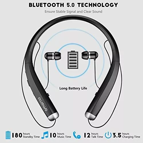  AMORNO Auriculares Bluetooth plegables, auriculares deportivos  inalámbricos con banda para el cuello con auriculares retráctiles,  auriculares estéreo con cancelación de ruido a prueba de sudor con  micrófono (gris) : Electrónica