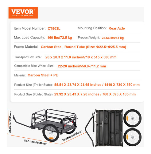 Bike Cargo Trailer Vevor 160kg Load Capacity Foldable 16''