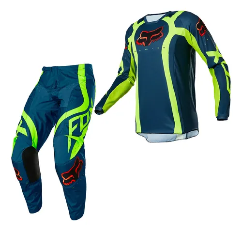 Conjunto Calca E Camisa Fox 180 Venz Azul Fluor Motocross