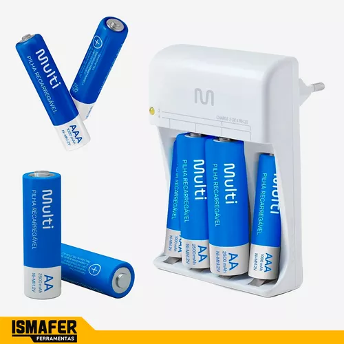 Carregador De Pilhas Aa/Aaa + 2 Pilhas Aa 2500Mah + 2 Pilhas Aaa 1000Mah  Multilaser - CB045 - Multi