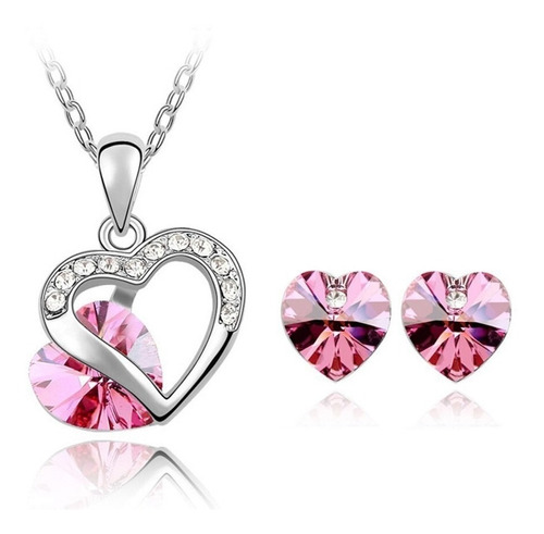 Collar Aros Corazón Swarovski Plata 925 Rosado Regalo Mujer