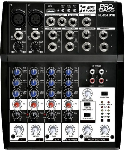 Consola Pro Bass Pl 804 Usb Mixer 4 Canales Phantom Mp3 