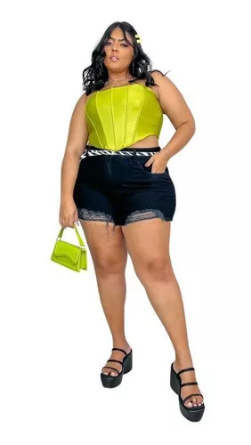 Cropped Top Cirrê Brilhoso Couro Fake Corselet Plus Size