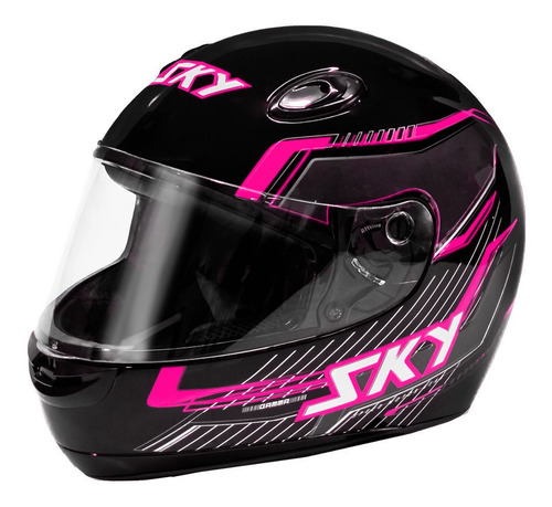 Capacete Sky Gamma Preto Brilho Rosa Viseira Antiembaçante