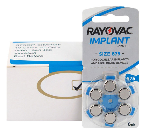 Pilas Audifono 675 Rayovac Implant Pro+ Coclear Pack X 60