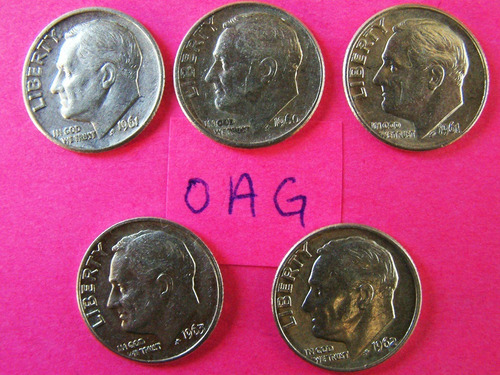 1960 1961 1962 (5) Roosevelt Dimes Plata .9 10c Centavos Oag