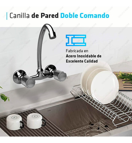Imagen 3 de 10 de Canilla Griferia Mezcladora Pared Cocina Doble Comando