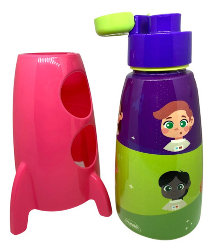 Garrafa Escolar Água Foguete Infantil 320ml Plasútil Girar Cor Astronauta Rosa