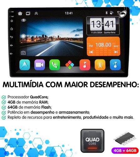 Multimídia 9'' Android Premium Plus+ E-tech 4gb 64gb Câmera