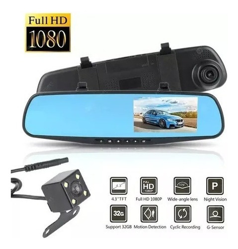 Espejo Retrovisor Dvr Universal 2 Camaras Delantera Reversa